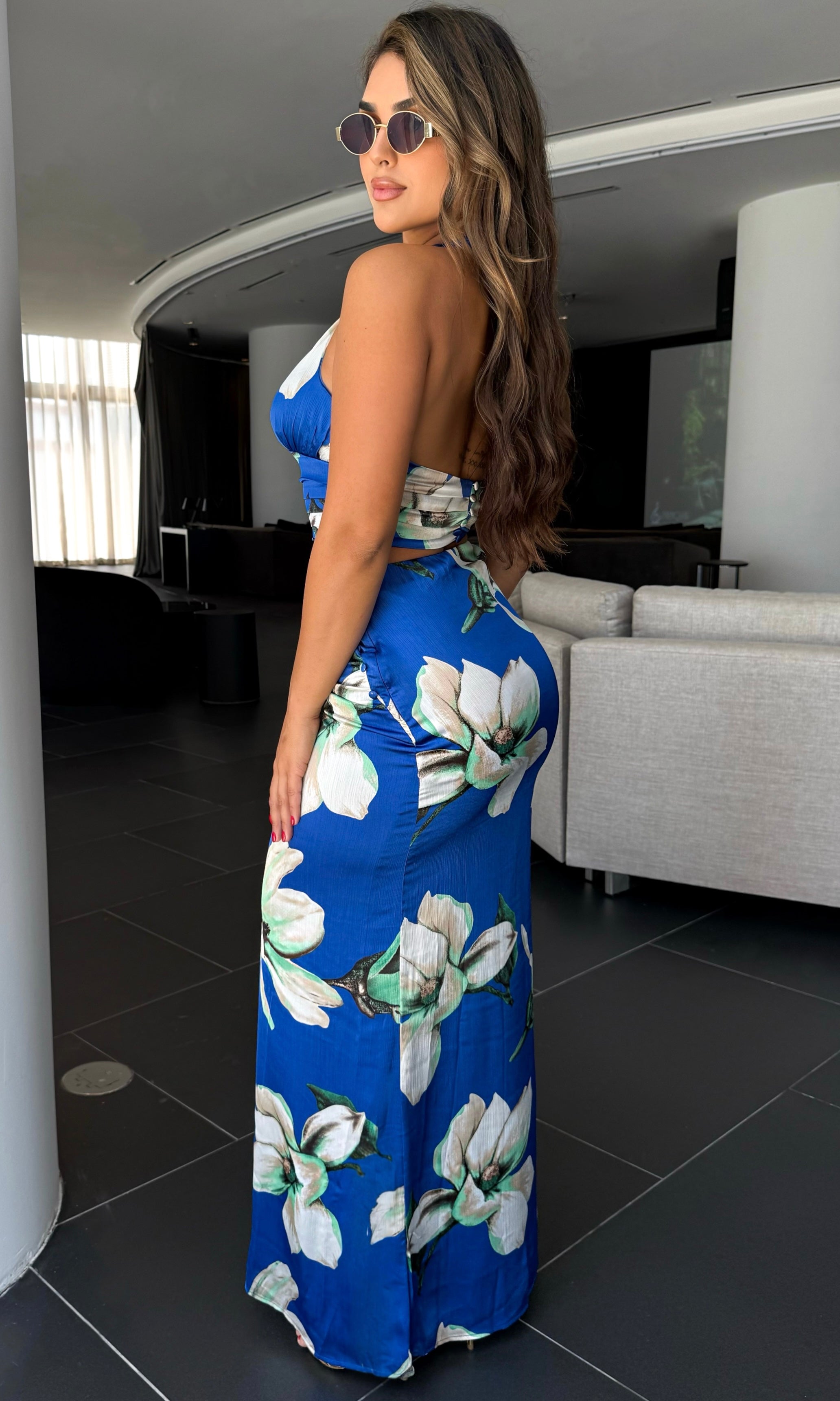 STACY SILK HALTER FLORAL SKIRT SET