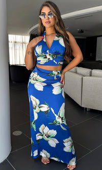 STACY SILK HALTER FLORAL SKIRT SET
