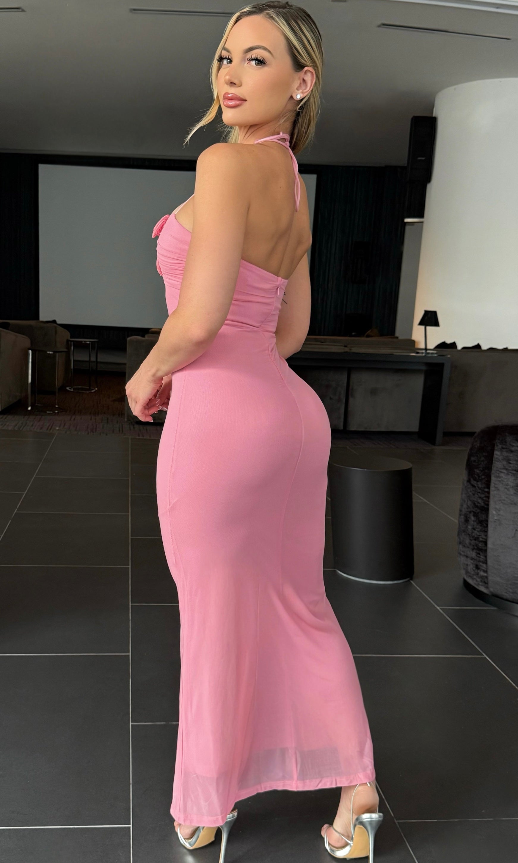 DIANA HALTERNECK ROSETTE MIDI DRESS