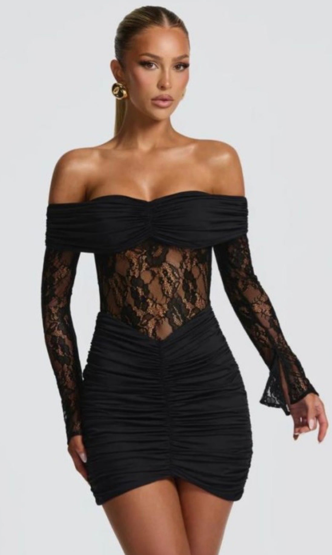 TAMARA RUCHED LACE MINI DRESS (BLACK)