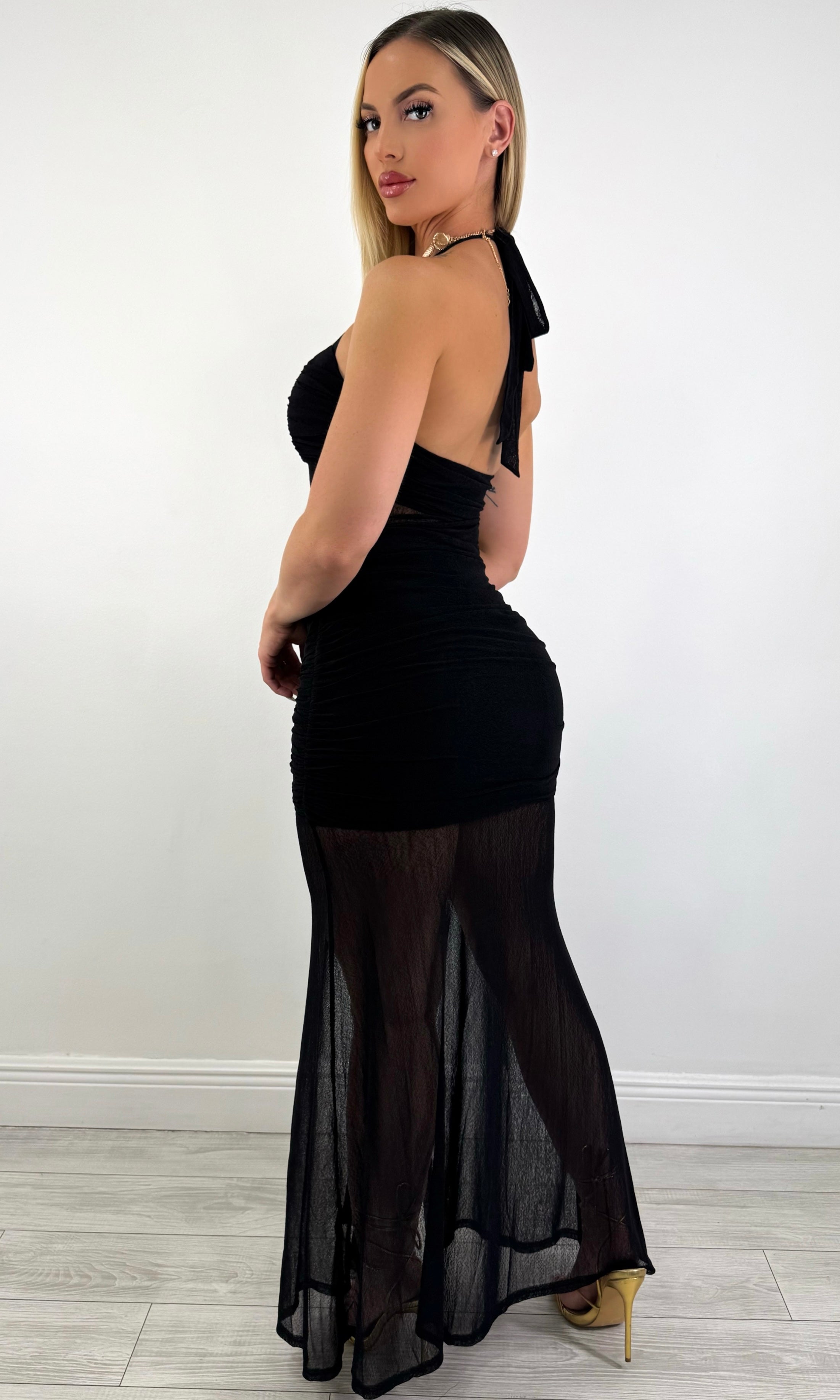VALENTINA MESH RUFFLE MAXI DRESS (BLACK)