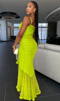 KAYLEEN SHIRRED MESH RUFFLE MAXI DRESS
